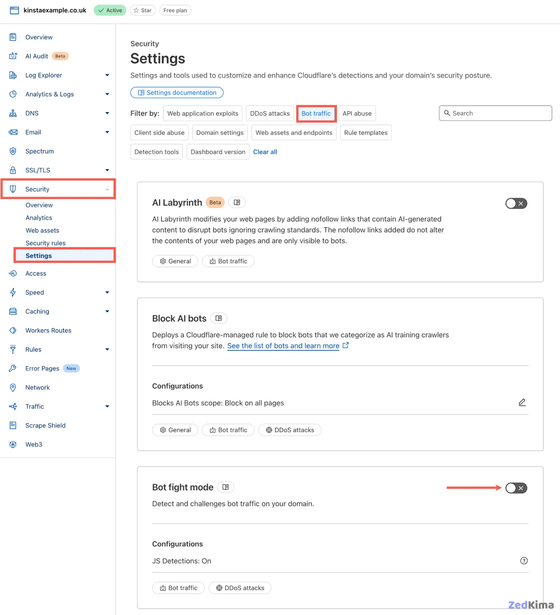 Cloudflare dashboard showing Bot Fight Mode configuration options for enhanced security.