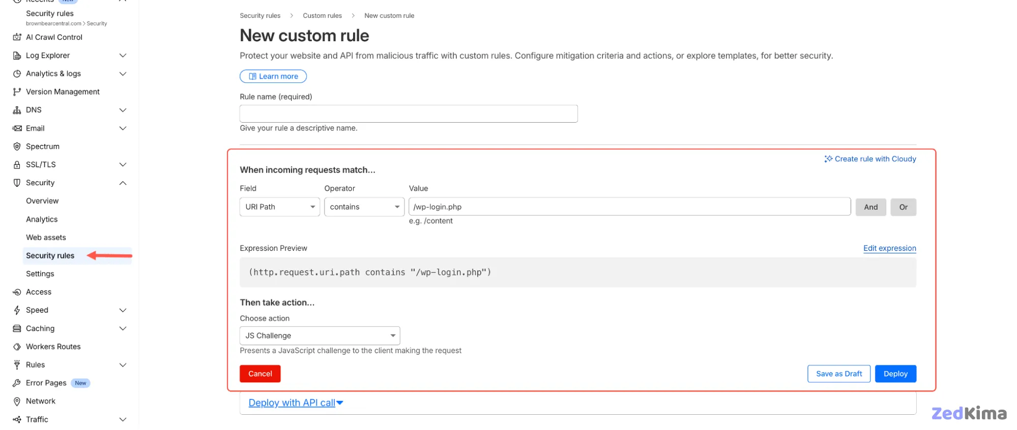 Custom rule setup in Cloudflare for managing and filtering web traffic.