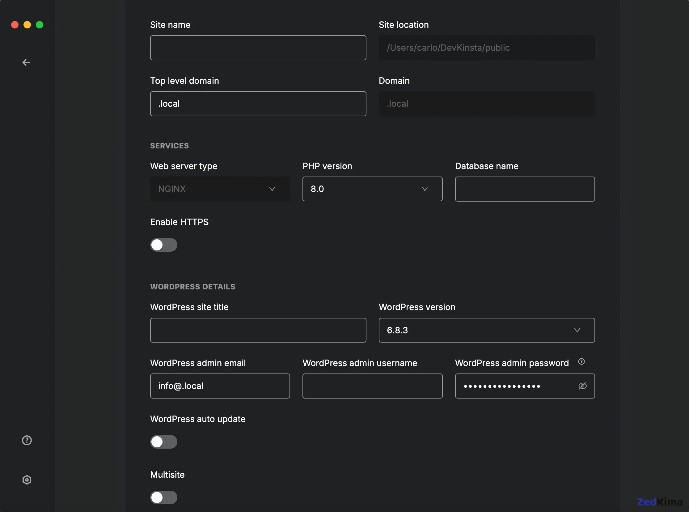 Configuring a local website in DevKinsta