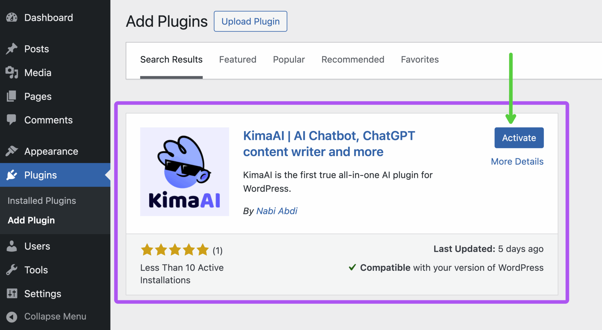 Activate the KimaAI plugin in WordPress