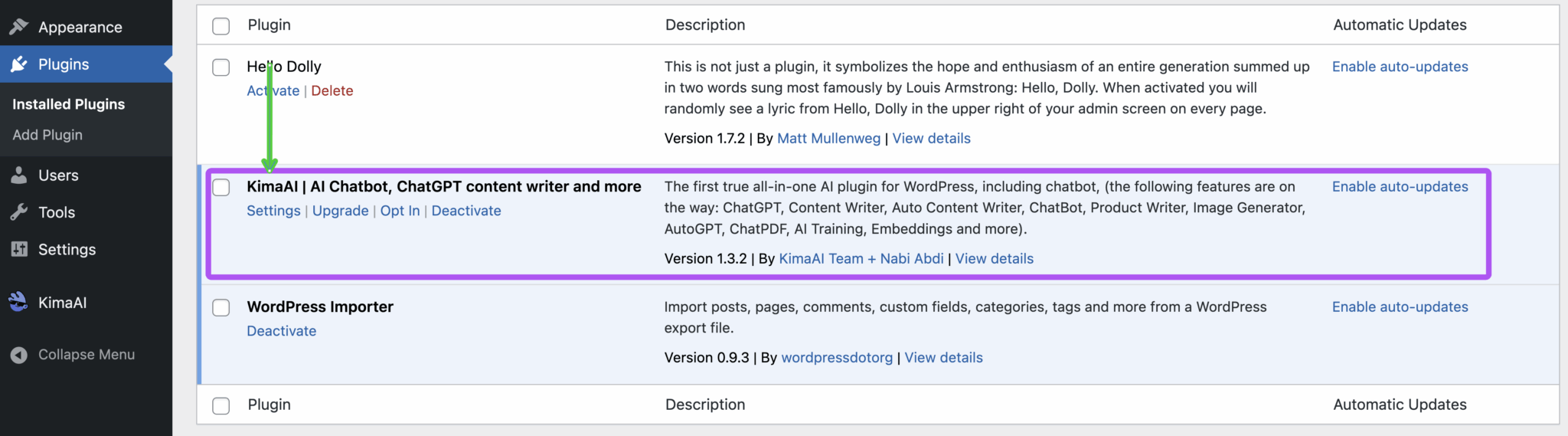 KimaAI Plugin view in wordpress plugin page