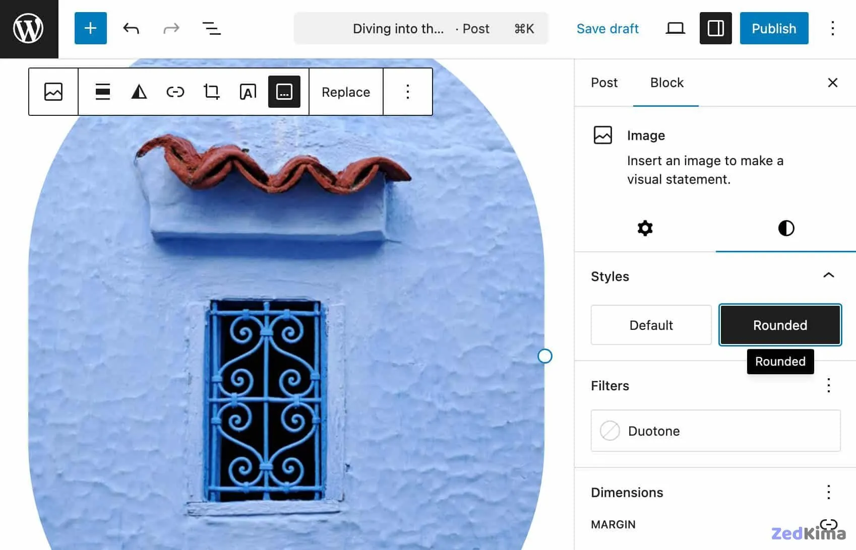 A screenshot of the WordPress post editor showing an image and the block sidebar
