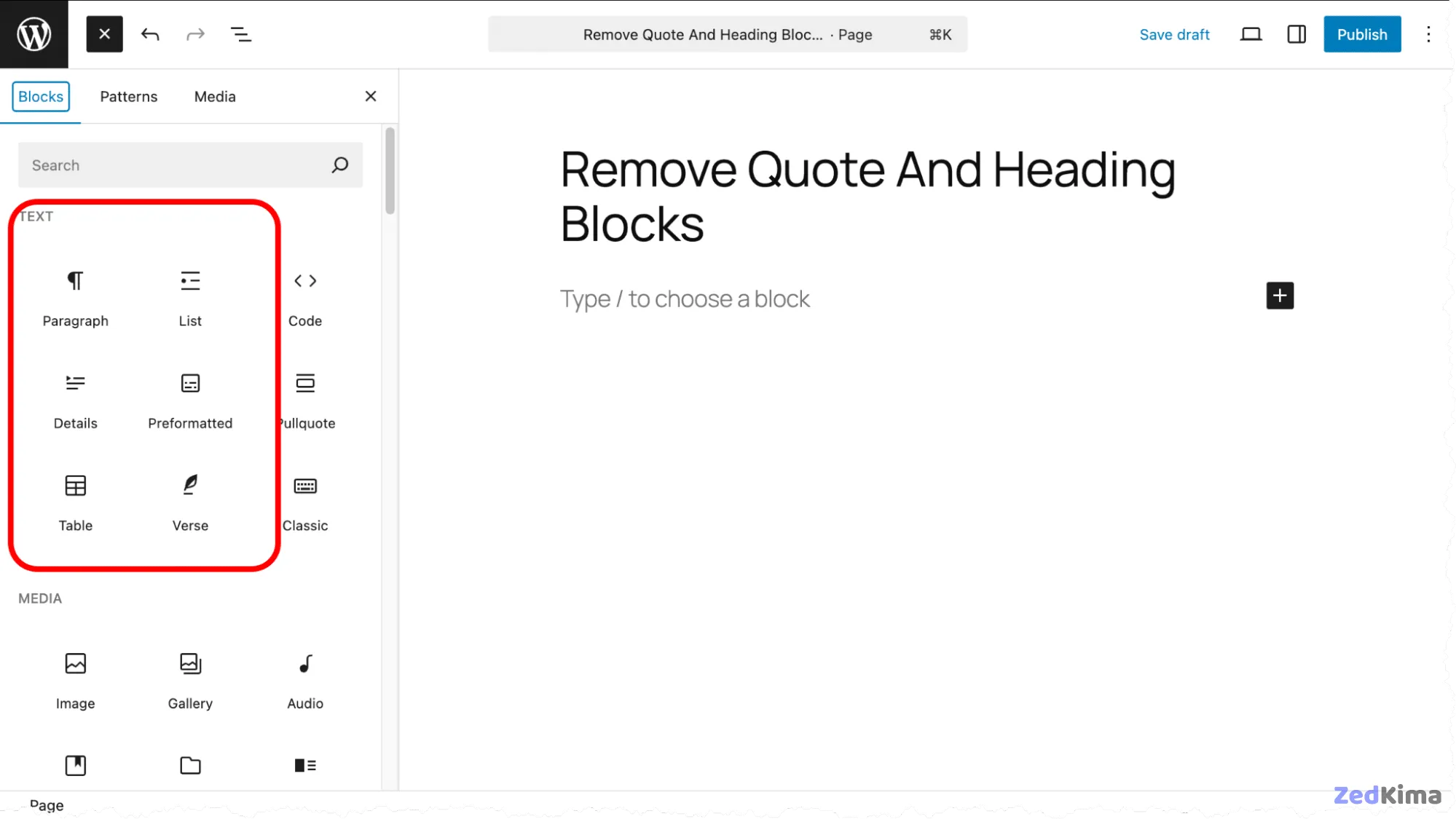 Block inserter panel with the Quote and Heading blocks removed.
