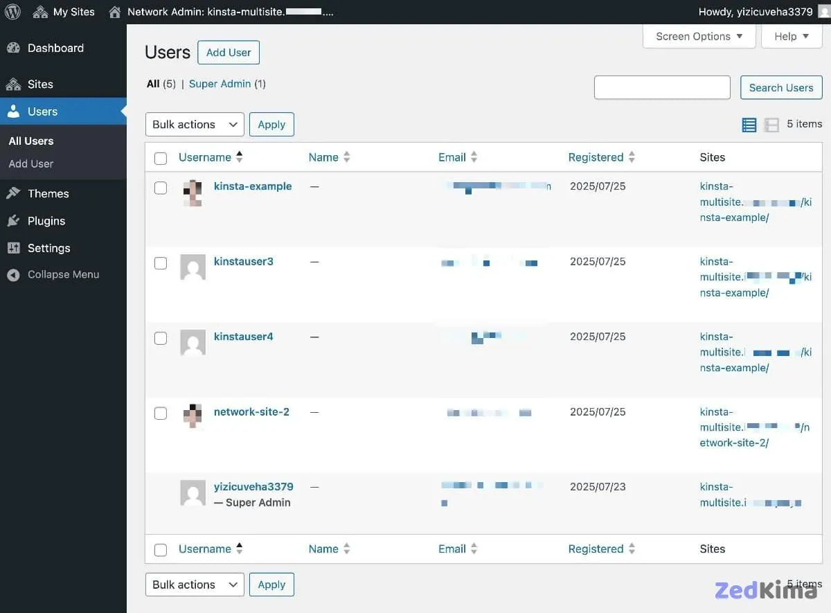 A screenshot of the user management screen in WordPress multisite.