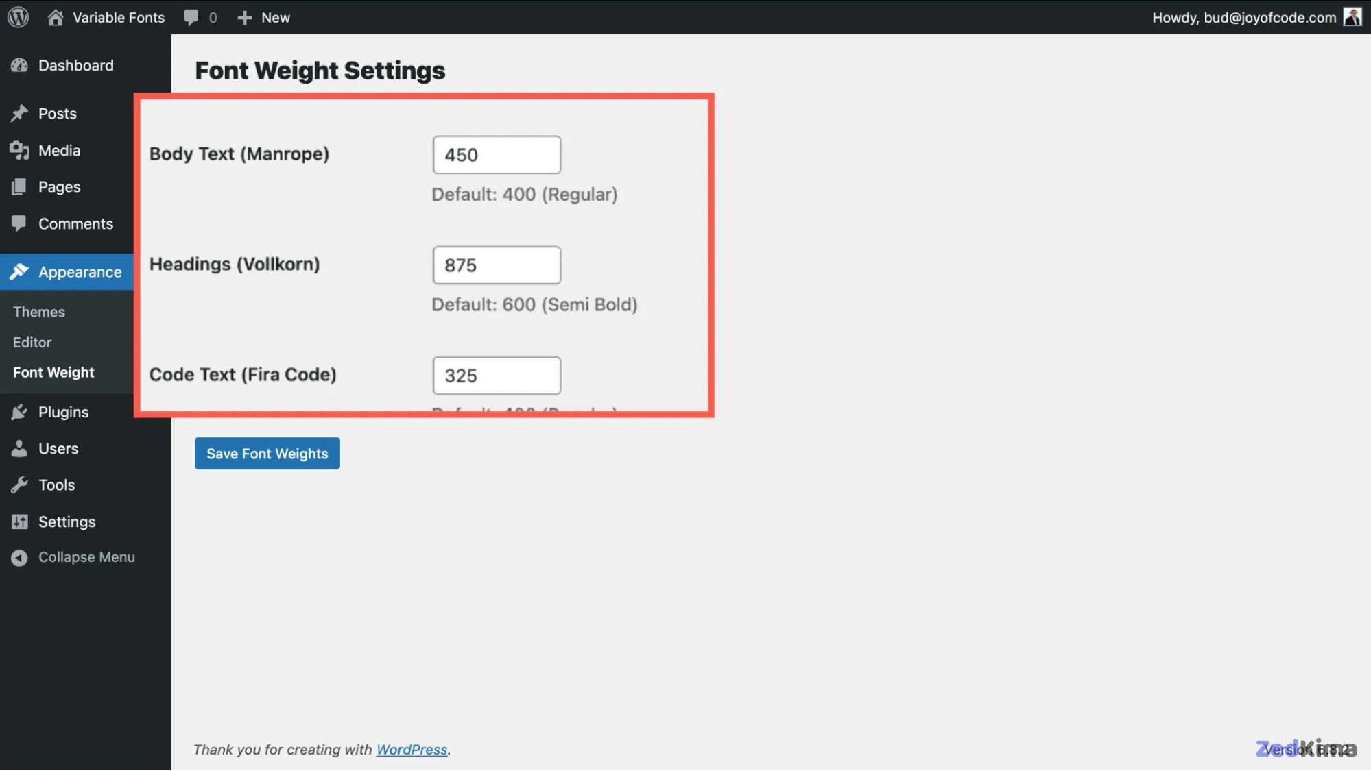 New font weights settings page in the WordPress admin dashboard.