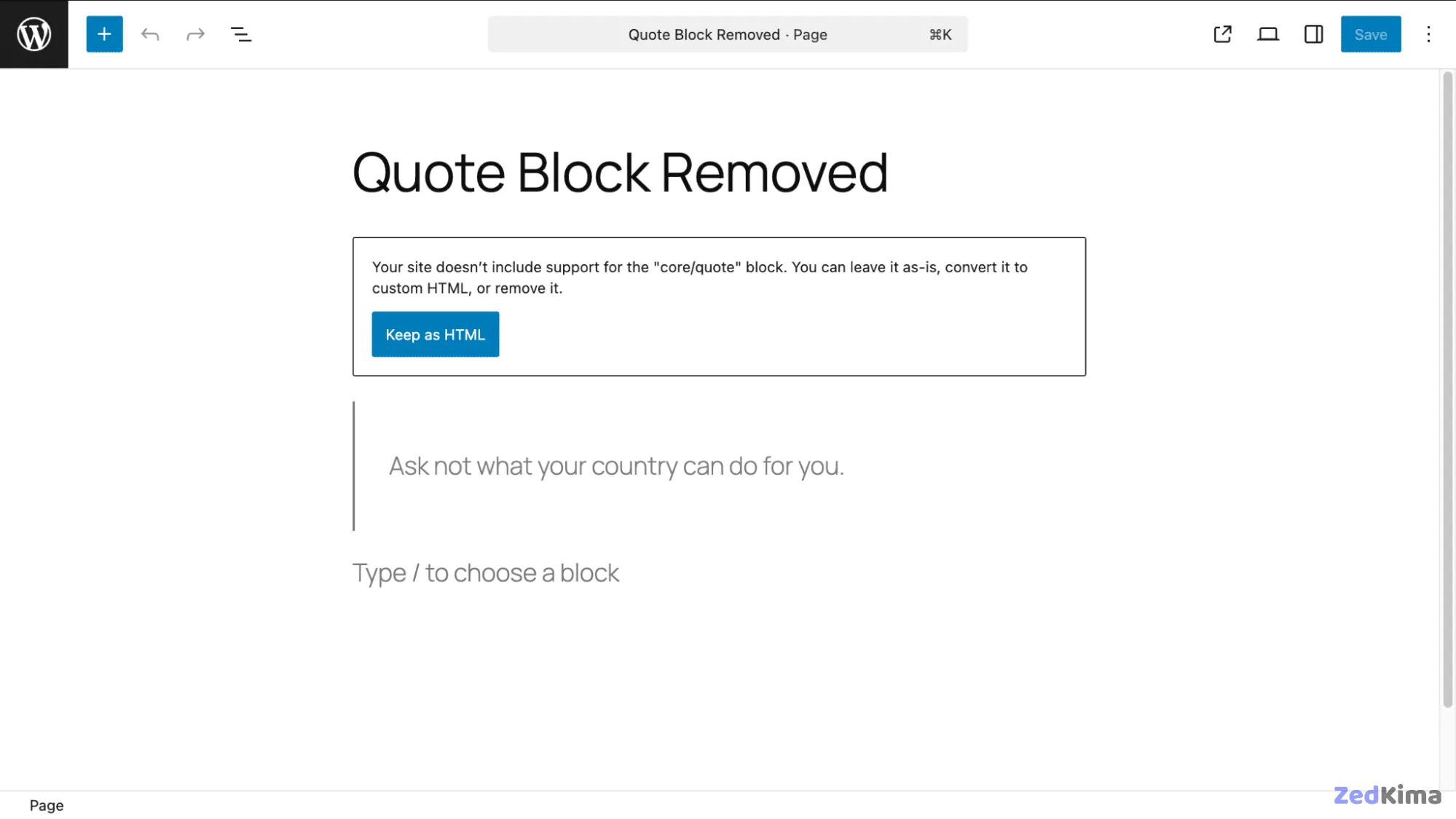 Page editor view after the Quote block has been removed.