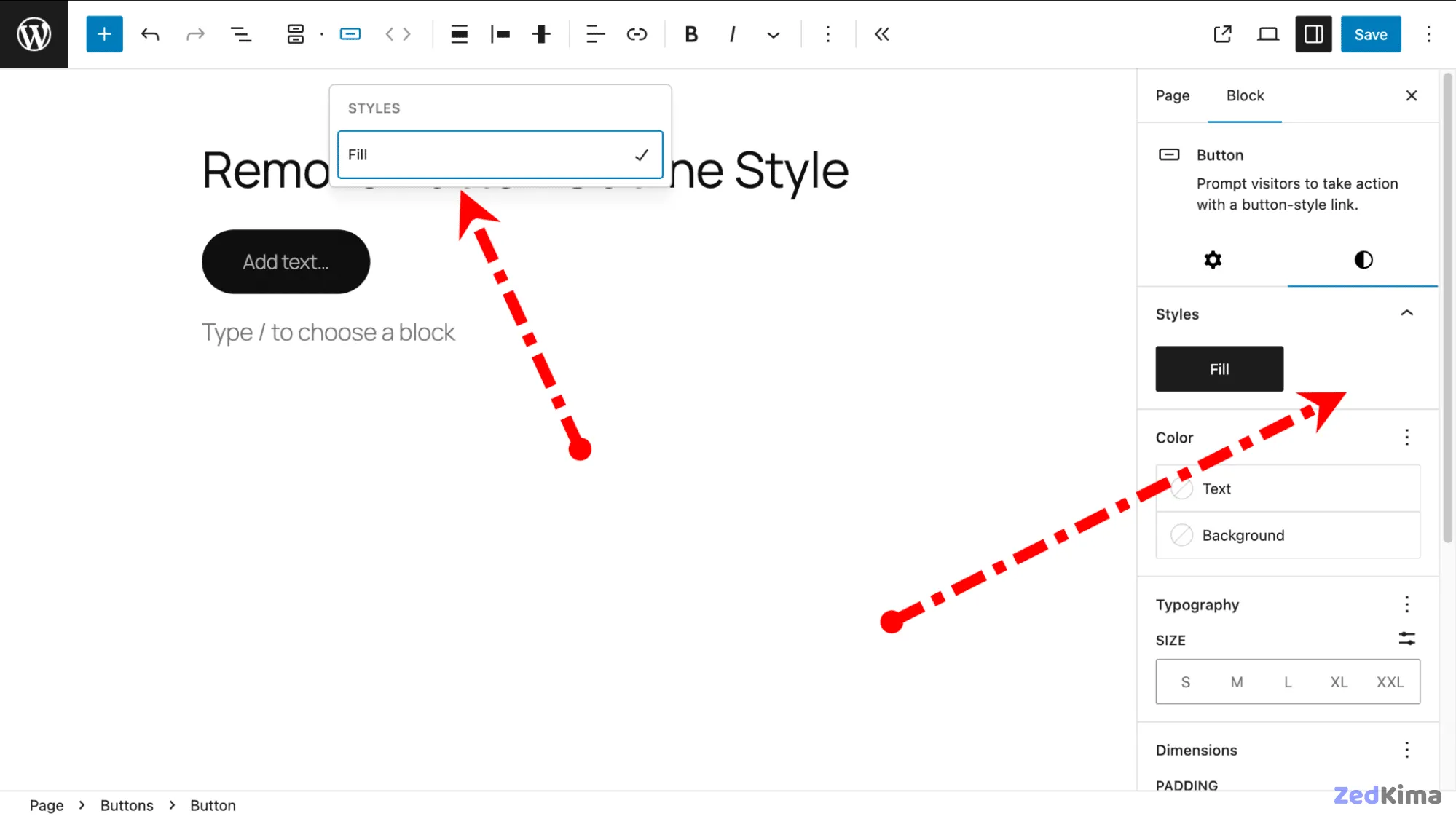 Removed Button block outline style no longer visible in the toolbar and sidebar.