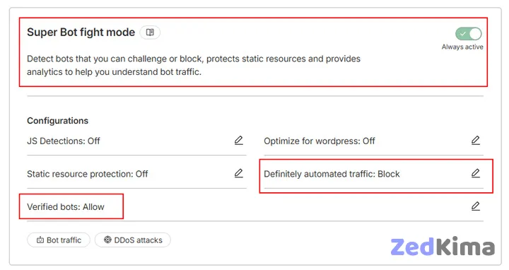 Cloudflare’s Super Bot Fight Mode dashboard displaying bot protection settings and analytics.
