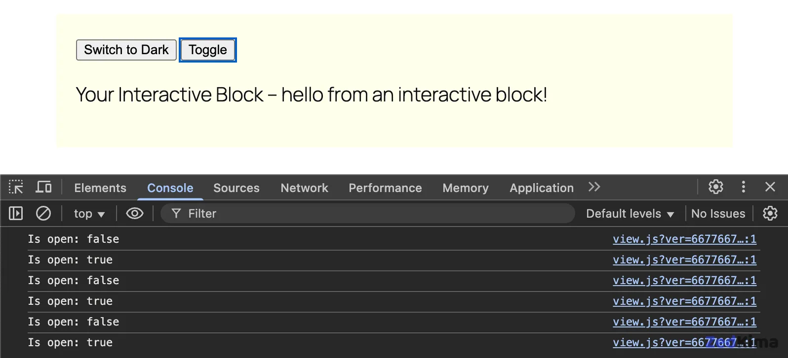 A message in the console informs the user of the change in the Local context.