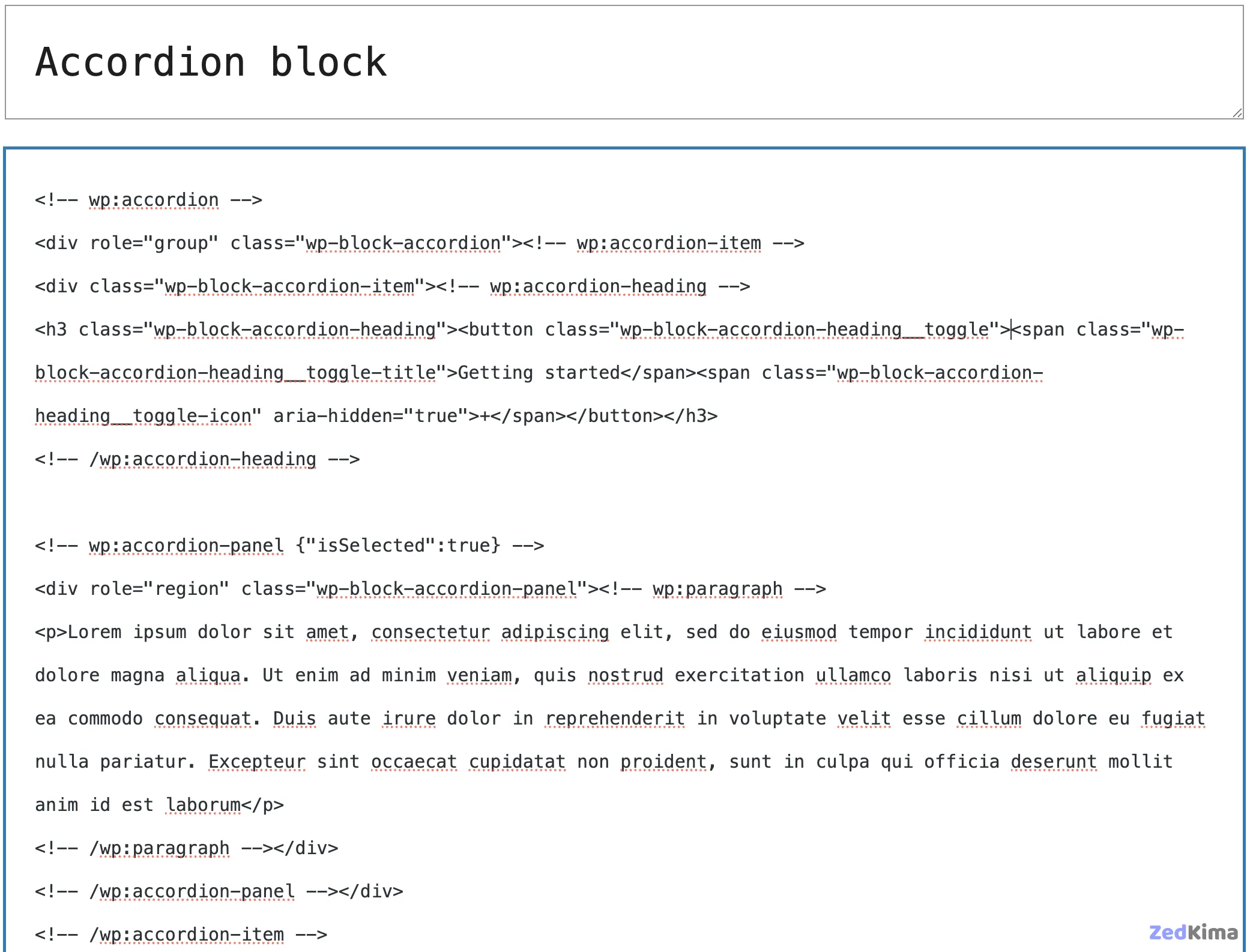An Accordion block in the code editor.