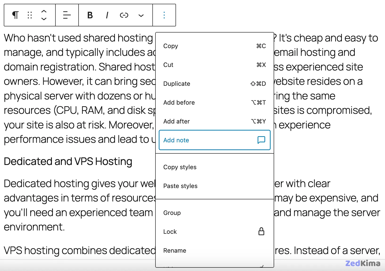 A new Add Note item appears in the Options menu of the block toolbar.