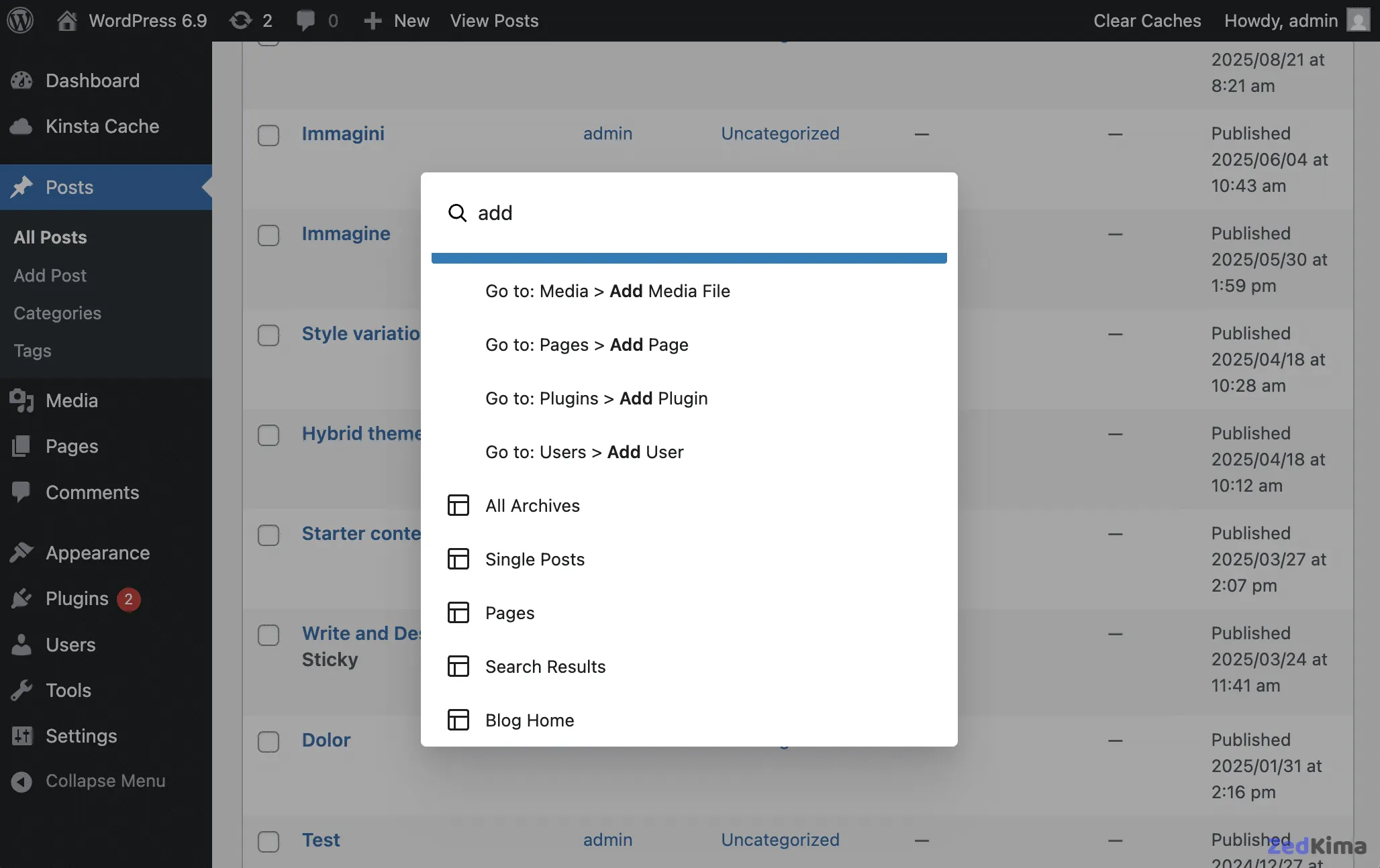 The Command palette in the Posts screen