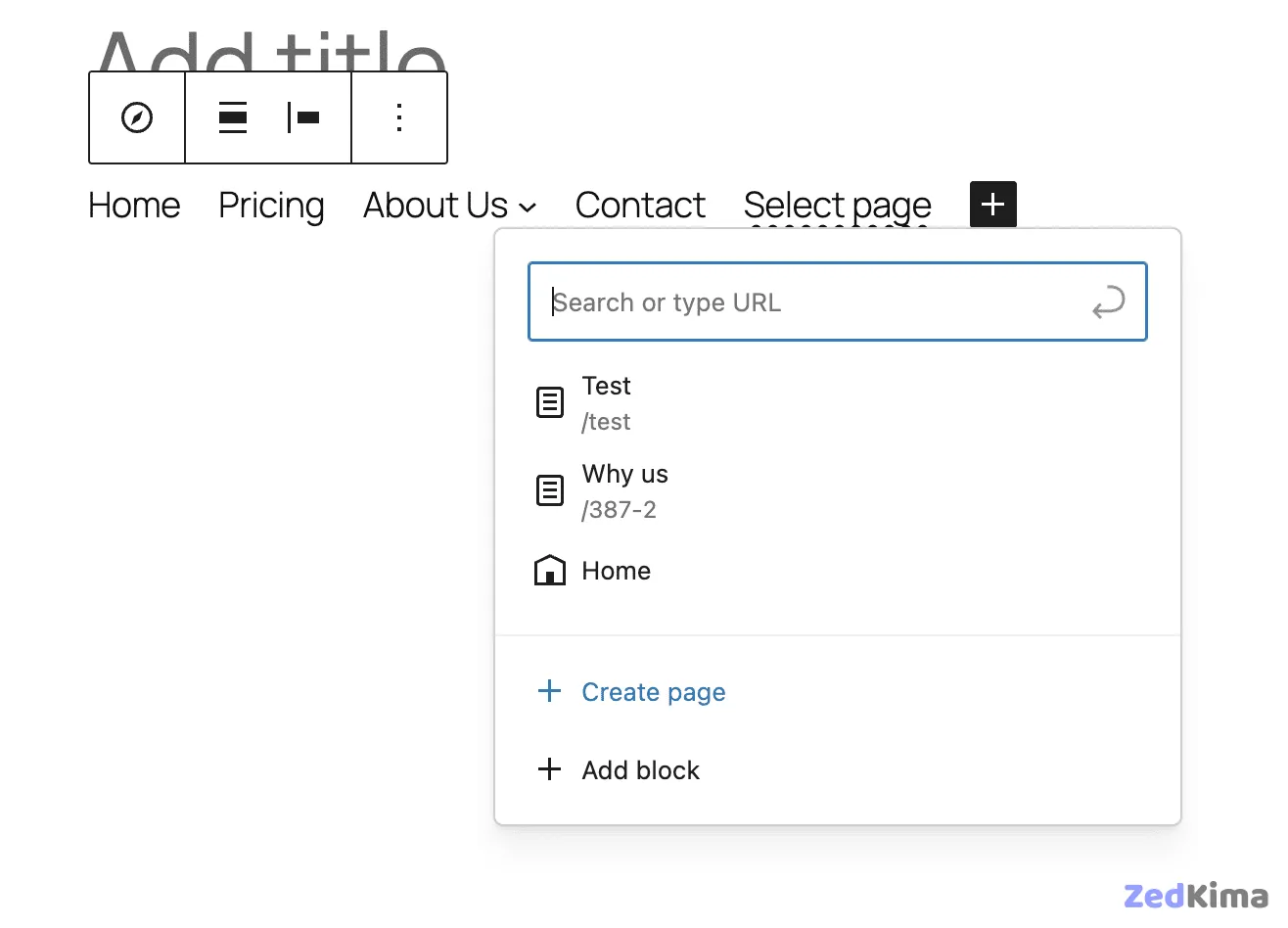 Create Page from the Navigation block's Link UI
