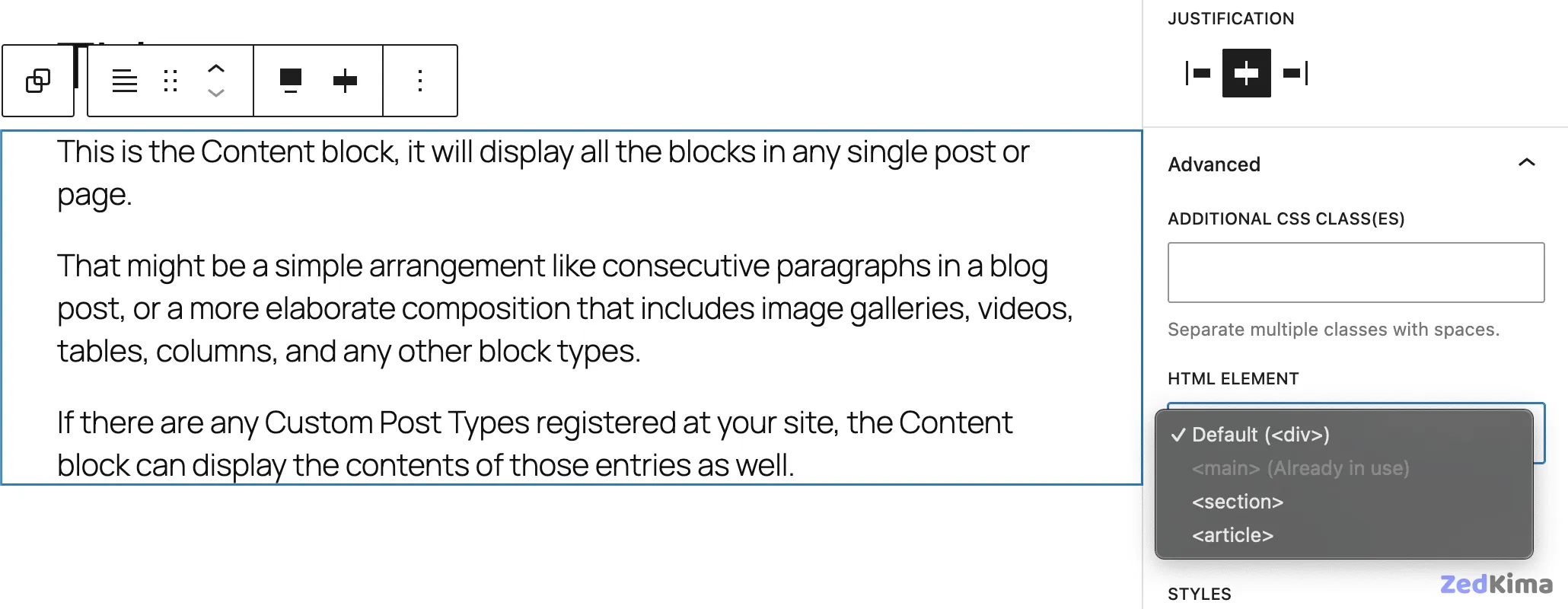 HTML element option for the Post Content block