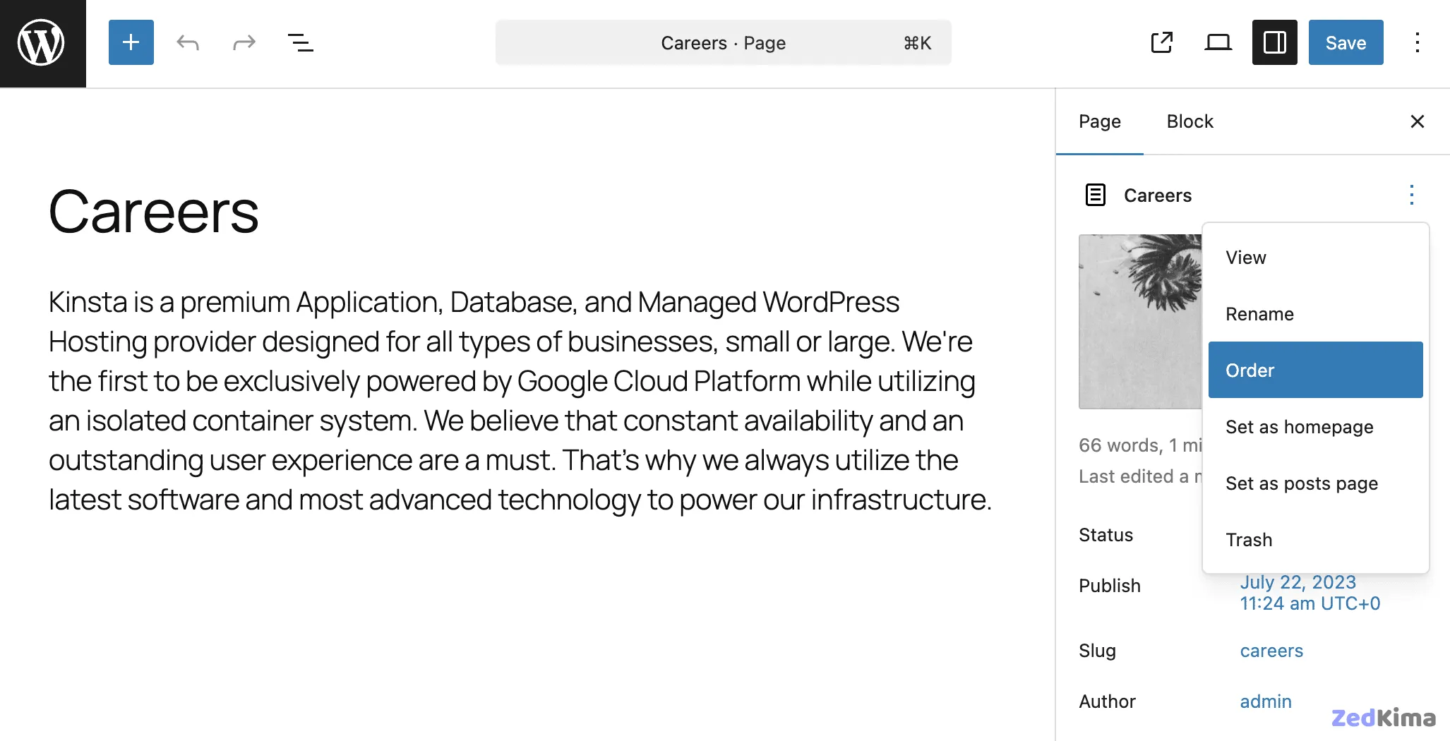 Select menu order from the Actions menu.