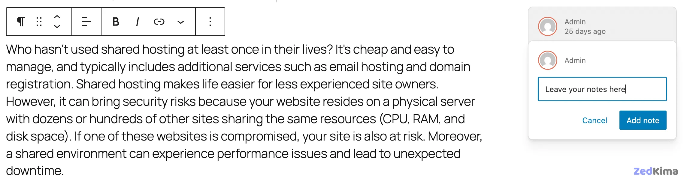 Adding a note to a block in WordPress 6.9