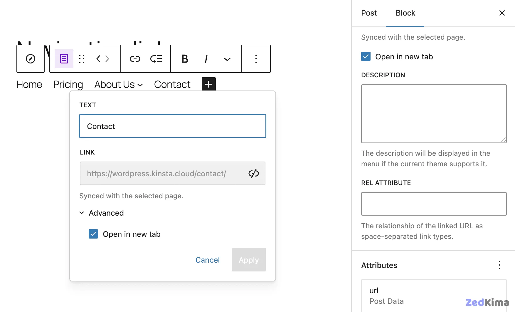 Open in new tab option in the Navigation Link block's link UI