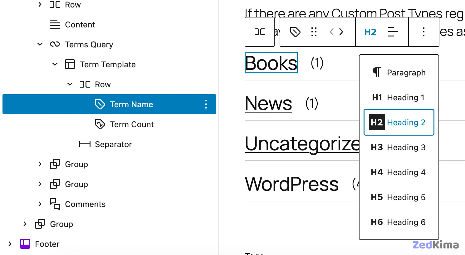 Customizing the Terms Query block