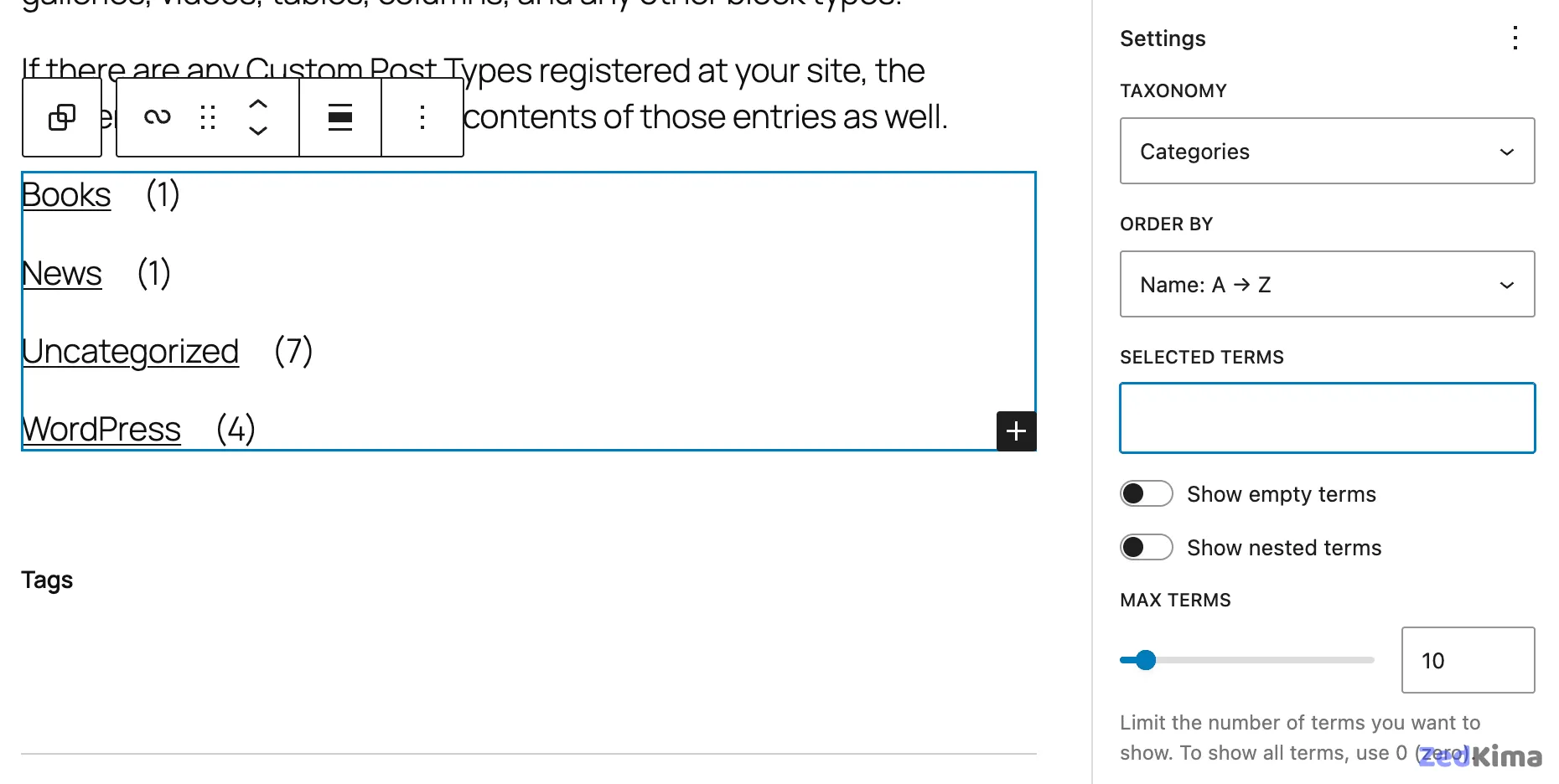 Terms Query block settings
