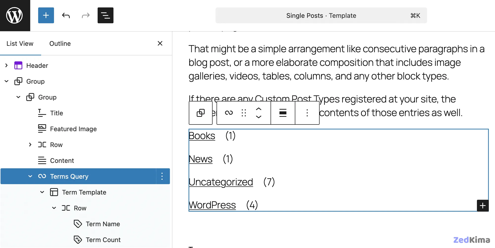 Terms Query block structure